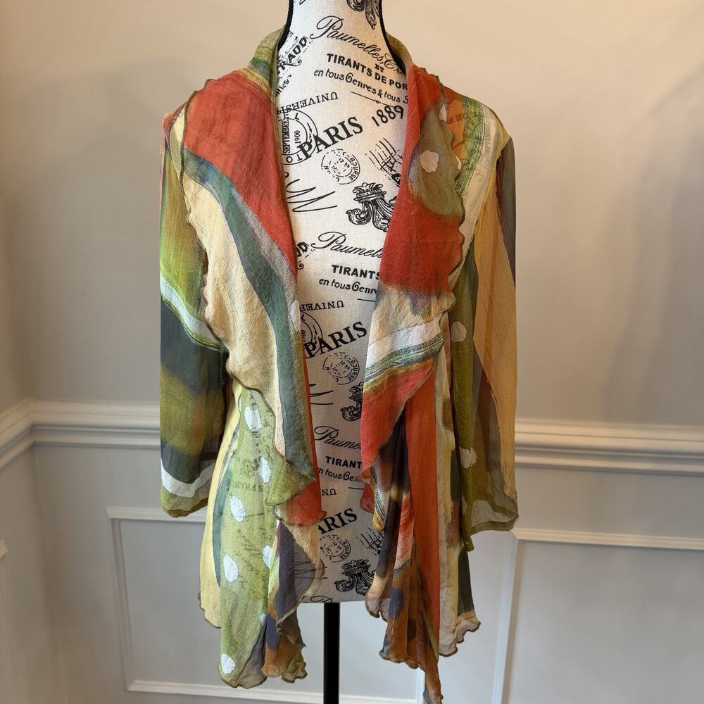 Cocoon House 100% Silk Art To Wear Open Front Sheer Blouse Cardigan Size L/XL